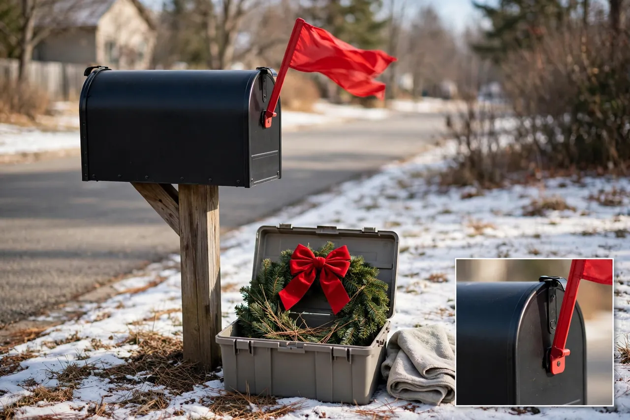Clean bare black mailbox with its red flag free, beside an open storage box holding coiled garland and a red bow, with a close-up inset of the mailbox flag