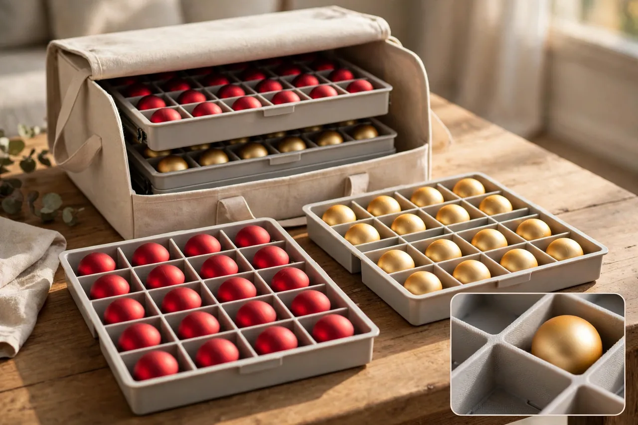 Lift-out divided ornament trays sorted by colour, red baubles on one tray and gold baubles on another, with a magnified inset of a single bauble in its own compartment