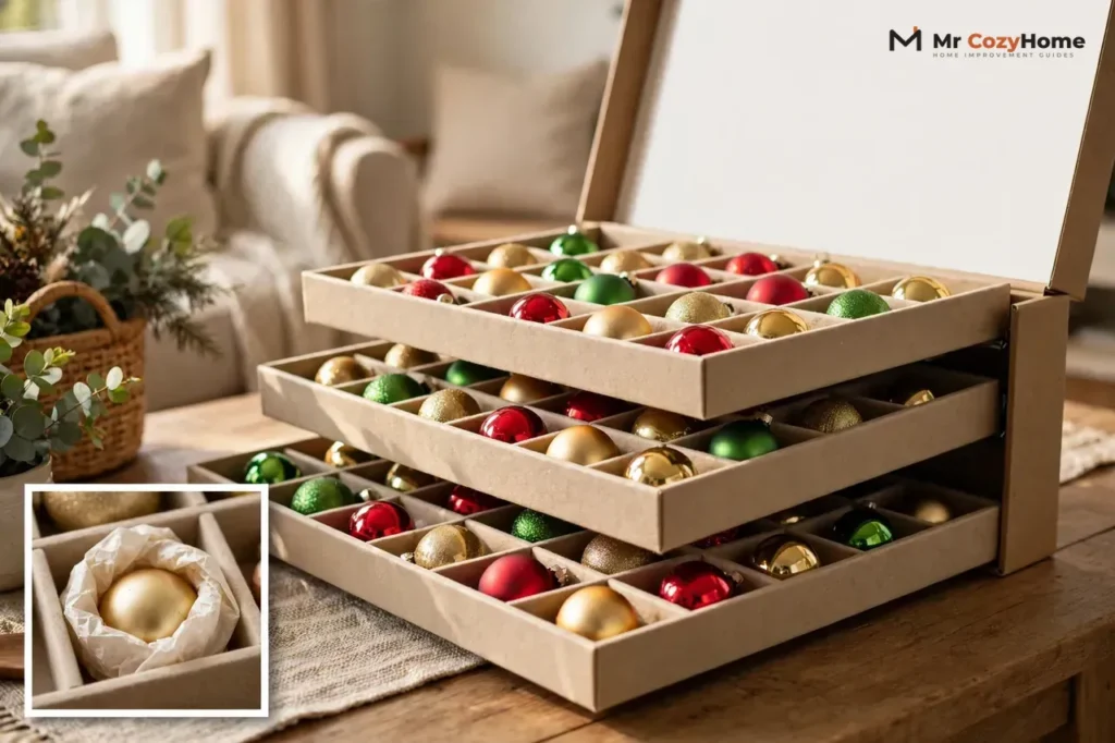 Open Christmas ornament storage box with stacked divided trays of red, gold and green baubles, with a magnified inset of a tissue-wrapped gold ornament in a padded cell