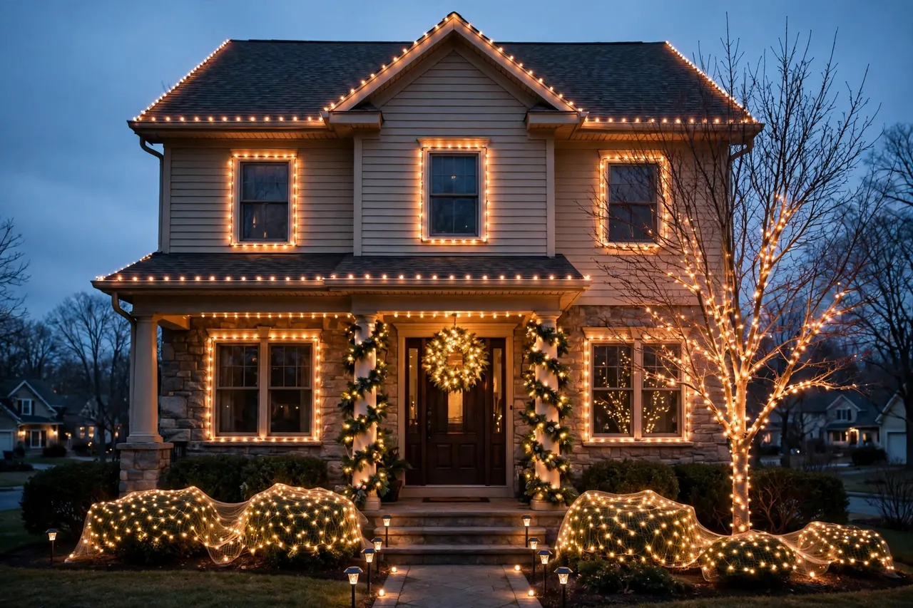 House front at dusk with warm white lights outlining the roofline and windows, a garland-wrapped porch, net lights on shrubs, a light-wrapped ornamental tree, and stake lights along the walkway
