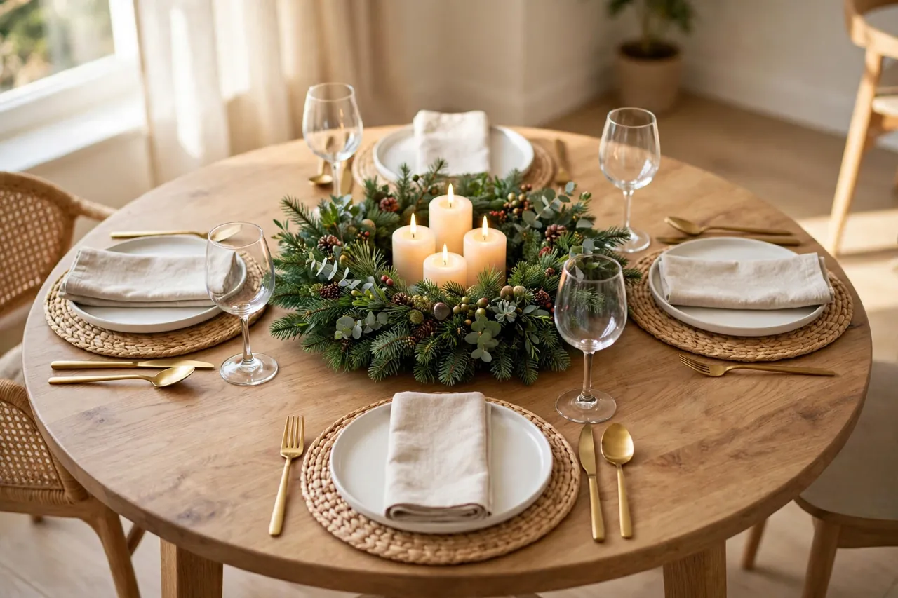 Small round wooden Christmas table with no runner and a flat evergreen wreath centerpiece holding candles, with four place settings around the edge