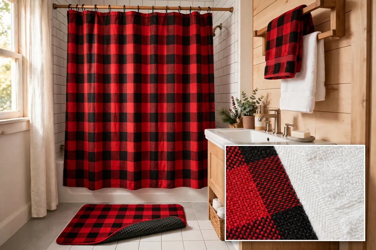 Small bathroom with a red and black buffalo plaid shower curtain, matching plaid and plain white towels on a rack, and a plaid non-slip bath mat showing its rubber-dot backing