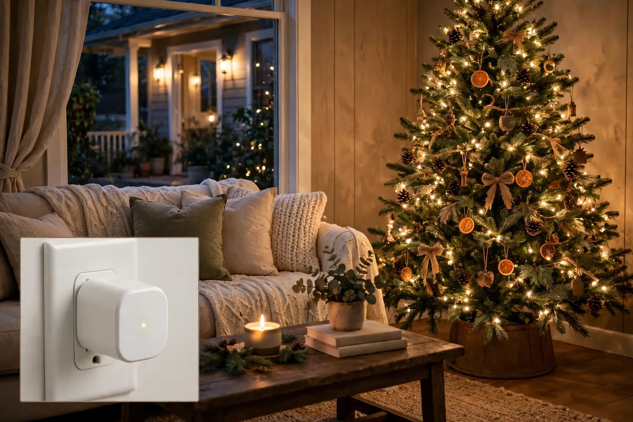 Cozy living room in the evening with a warm white Christmas tree and porch lights visible through the window, with a close-up inset of a plain white smart plug in a wall outlet