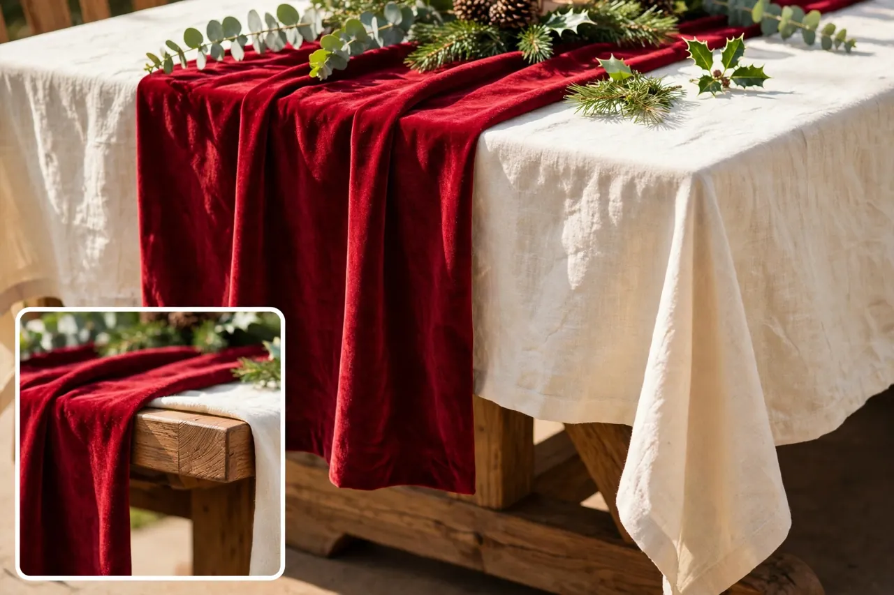 Cream tablecloth with a deep red velvet runner hanging past the end of a wooden table, with a close-up inset of the runner overhang at the table edge
