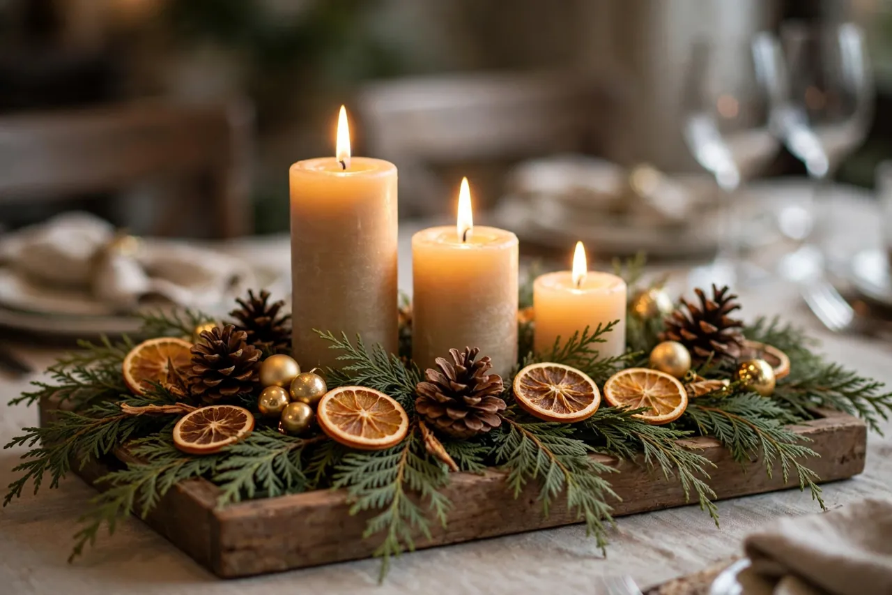 Low Christmas centerpiece on a wooden tray with three candles of different heights, pinecones, dried orange slices, gold baubles and fresh cedar greenery