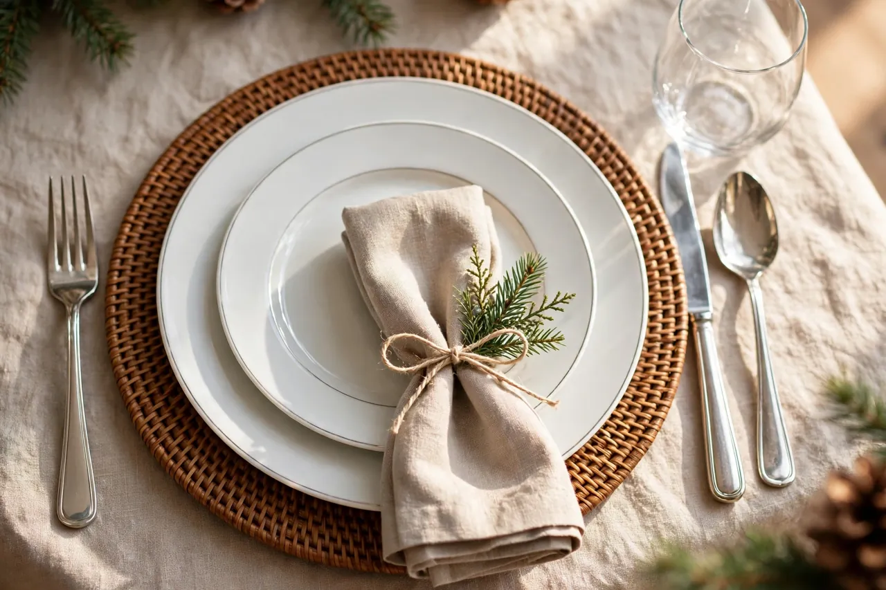 Elegant Christmas place setting with charger, dinner plate and salad plate, fork on the left, knife and spoon on the right, and a napkin tied with twine and an evergreen sprig