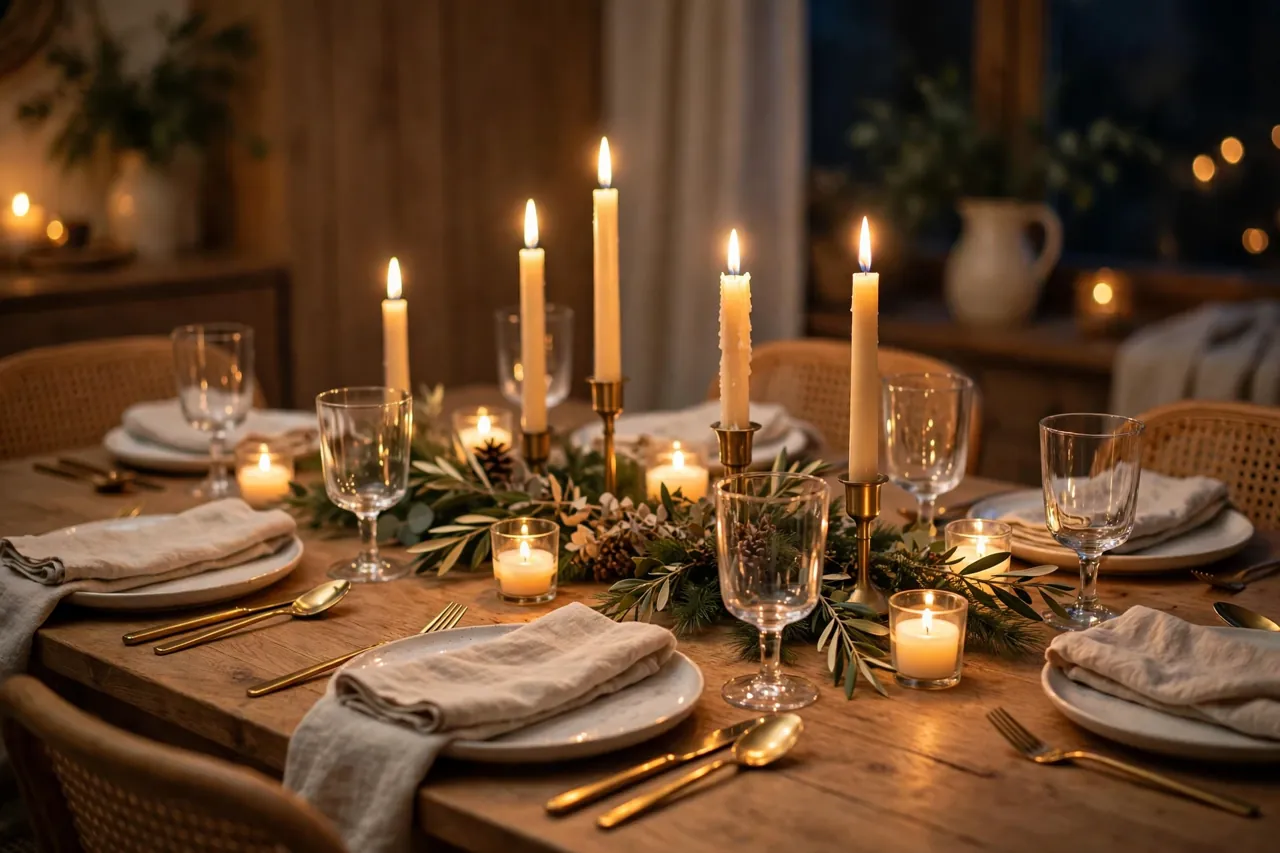 Christmas dinner table glowing with warm unscented taper candles and small votives among fresh greenery in the evening