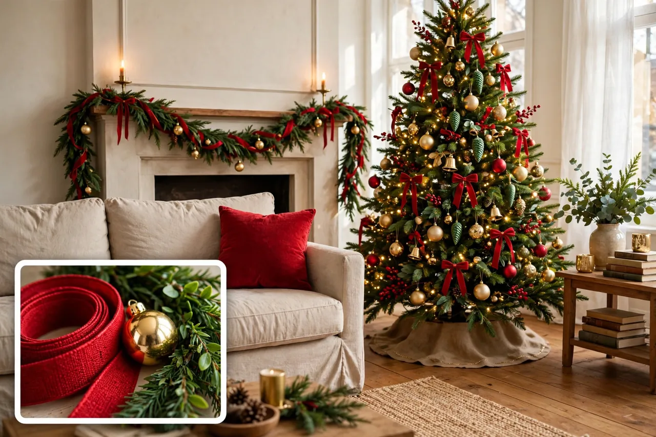 Calm living room decorated in one cohesive red, gold, and green Christmas palette with a close-up inset of the three palette colors