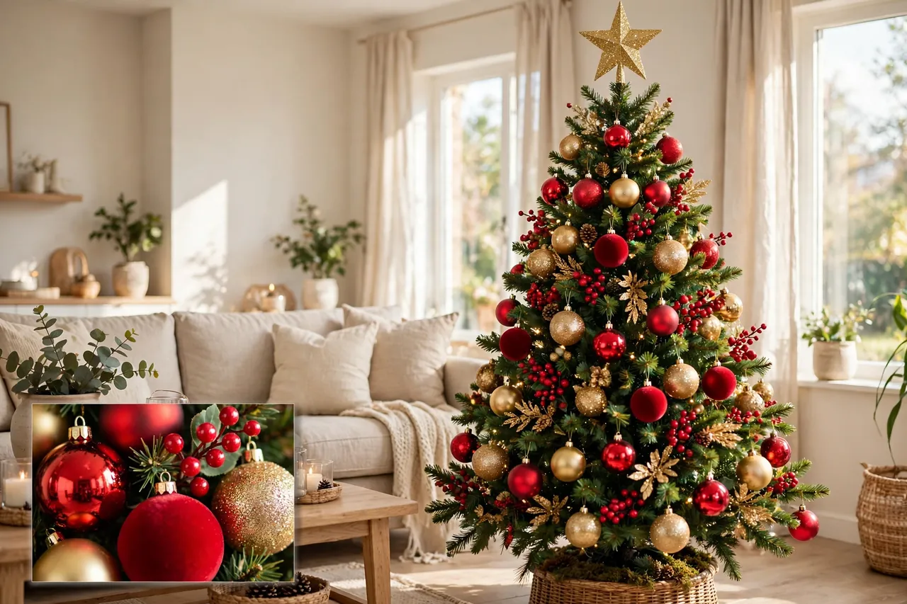 Classic red and gold Christmas tree with red berry picks and gold star topper, with a close-up inset of red and gold baubles and berries