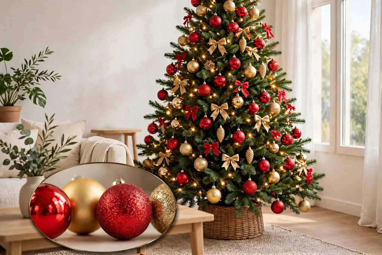 Christmas tree decorated only in red and gold baubles and bows, with a close-up inset of glossy, matte and glitter red and gold ornaments