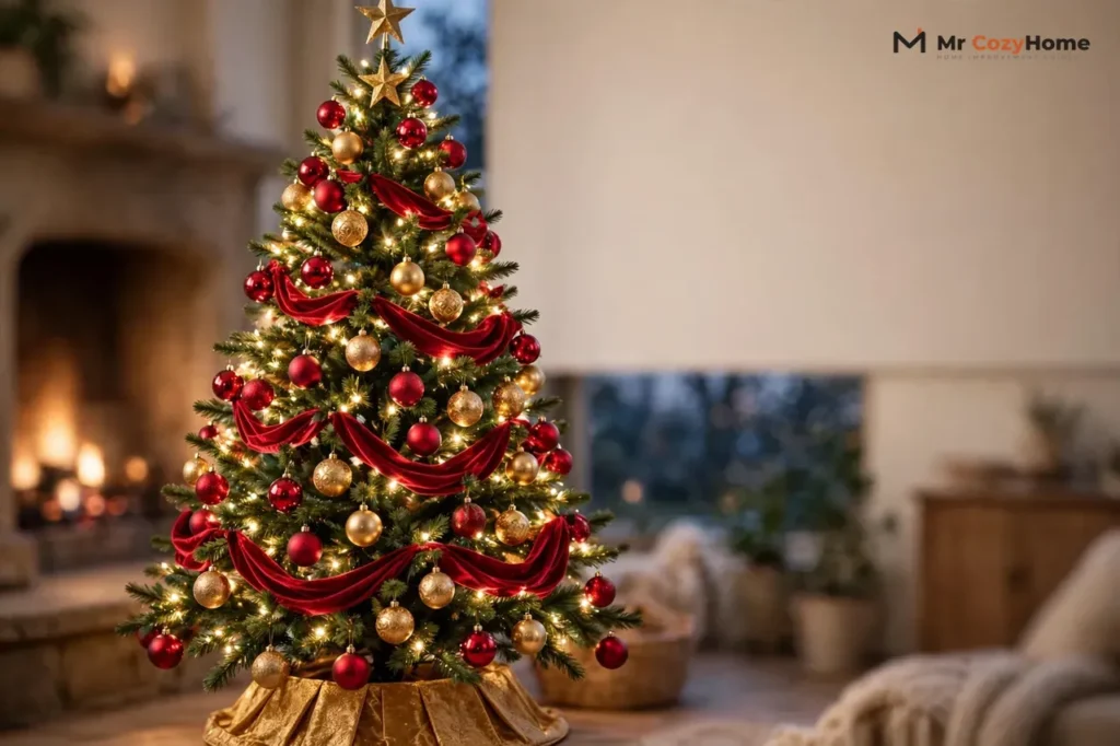Christmas tree decorated in classic red and gold with warm white lights, red velvet ribbon swags, gold star topper and gold tree skirt in a cozy living room by a fireplace