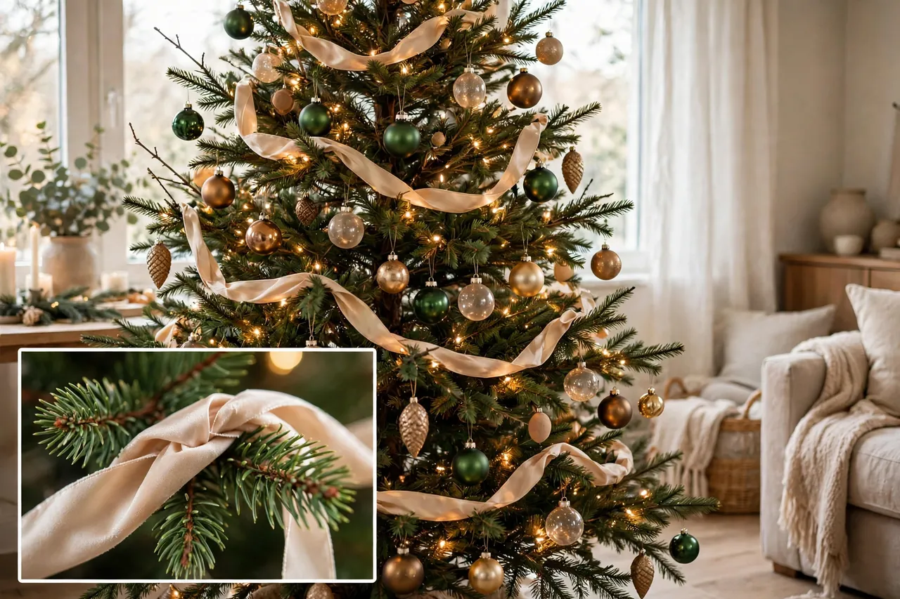 Christmas tree mid-decoration with cream ribbon swags woven through lit branches, with a close-up inset of ribbon woven through a branch