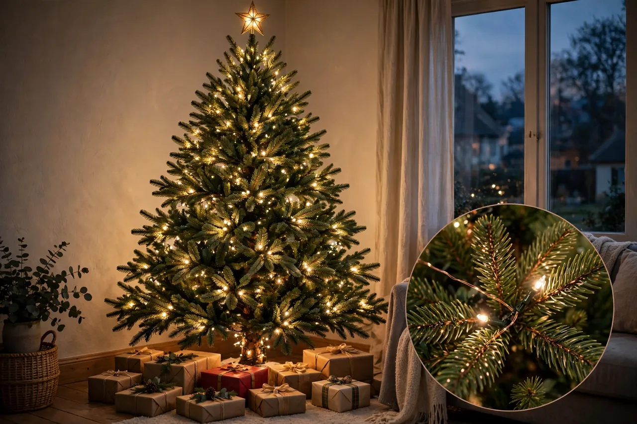 Tall Christmas tree glowing from within with layered warm white lights, a lit star topper, and wrapped presents beneath, with a close-up inset of light strands tucked deep among the branches