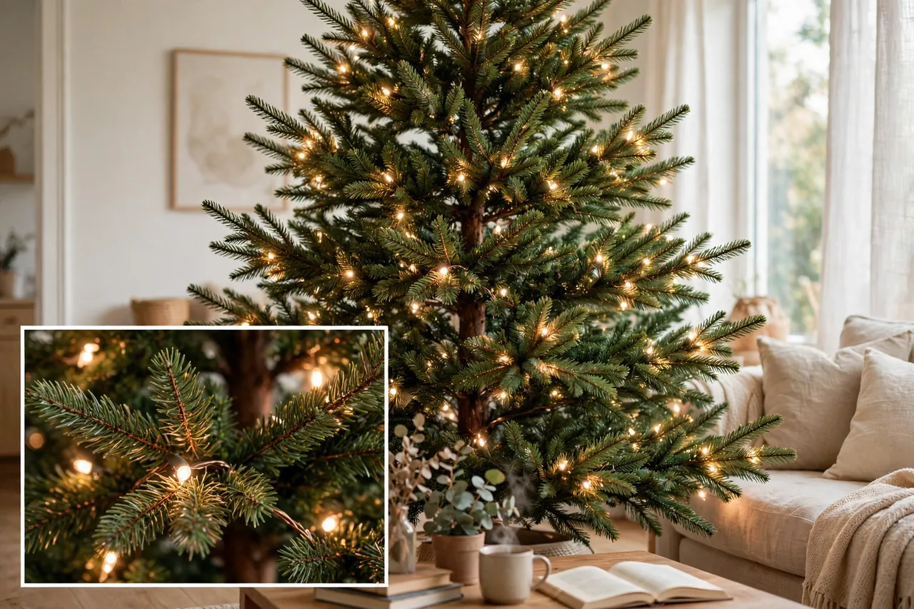 Undecorated Christmas tree with warm white lights woven deep inside the branches, with a close-up inset of lights tucked among green branches
