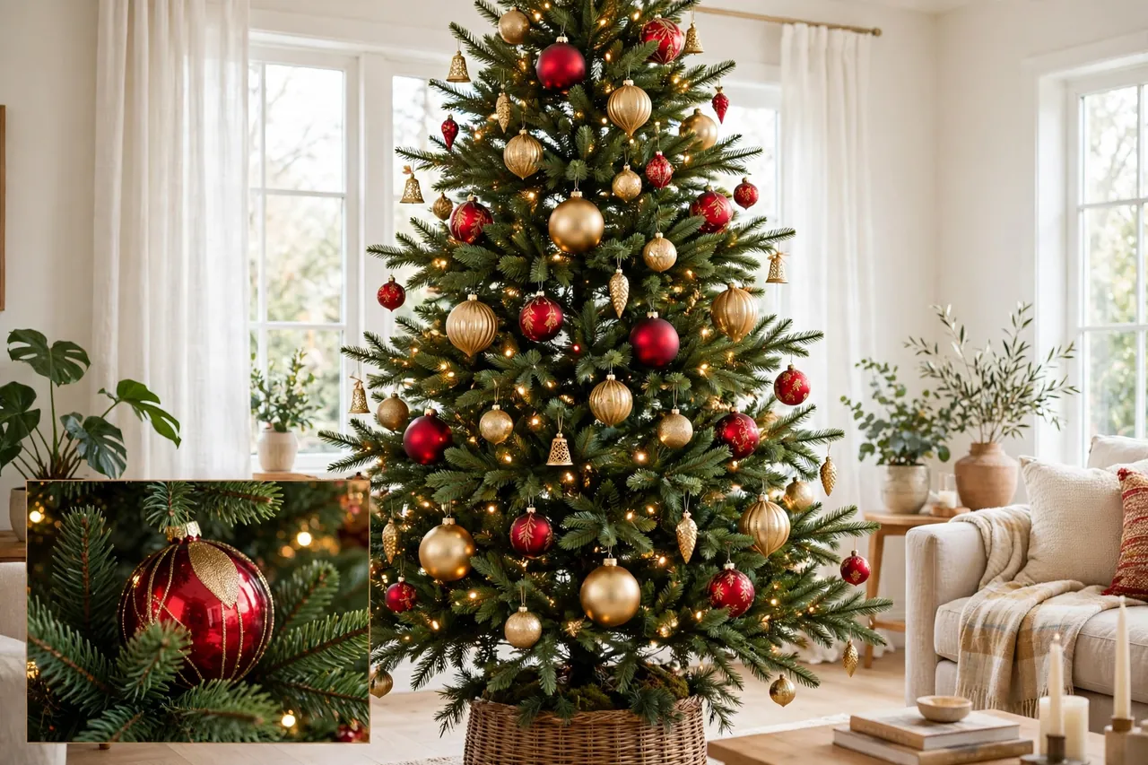 Christmas tree with large ornaments deep inside the branches and small ornaments at the tips, with a close-up inset of a large red ornament nestled in branches