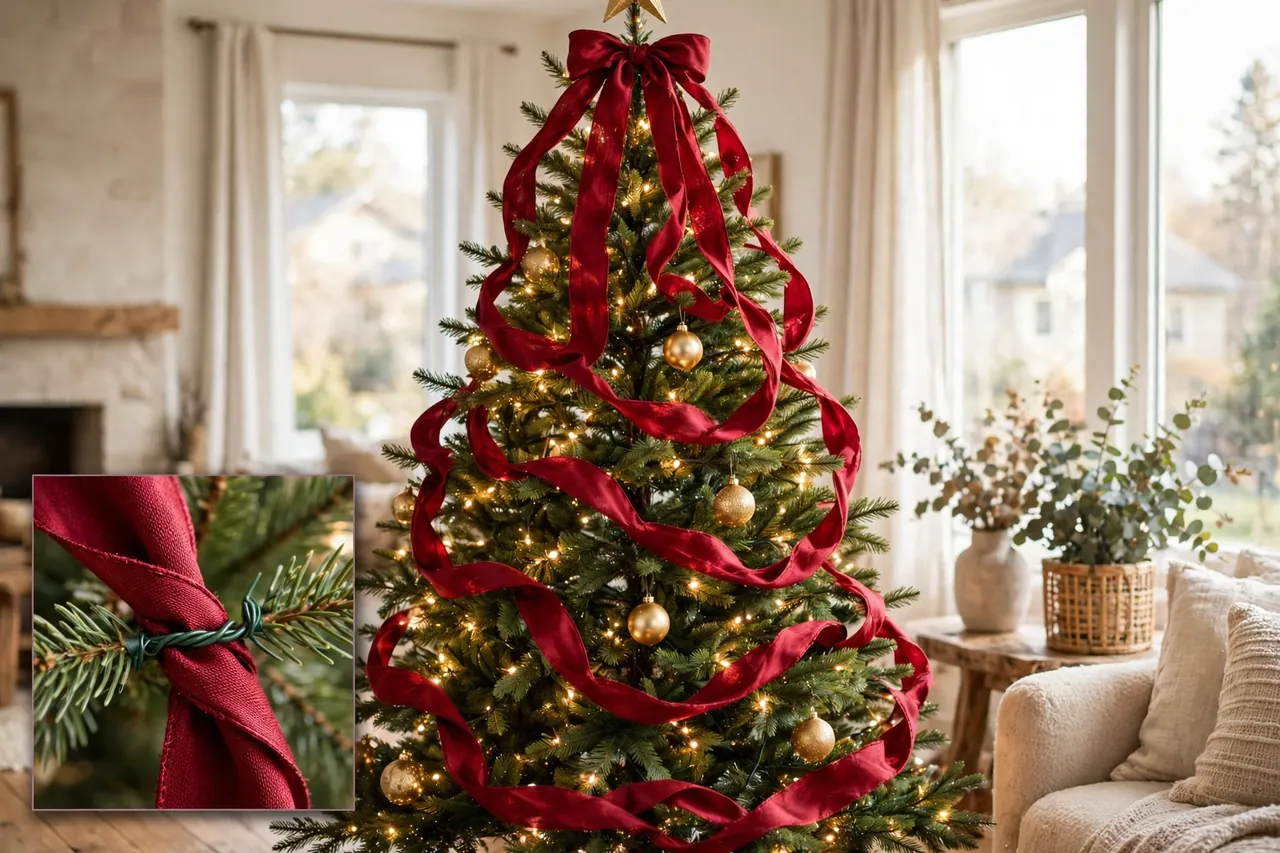 Christmas tree with deep-red wired ribbon falling in soft open cascade loops from top to base, with a close-up inset of a ribbon loop twisted to a branch with green floral wire
