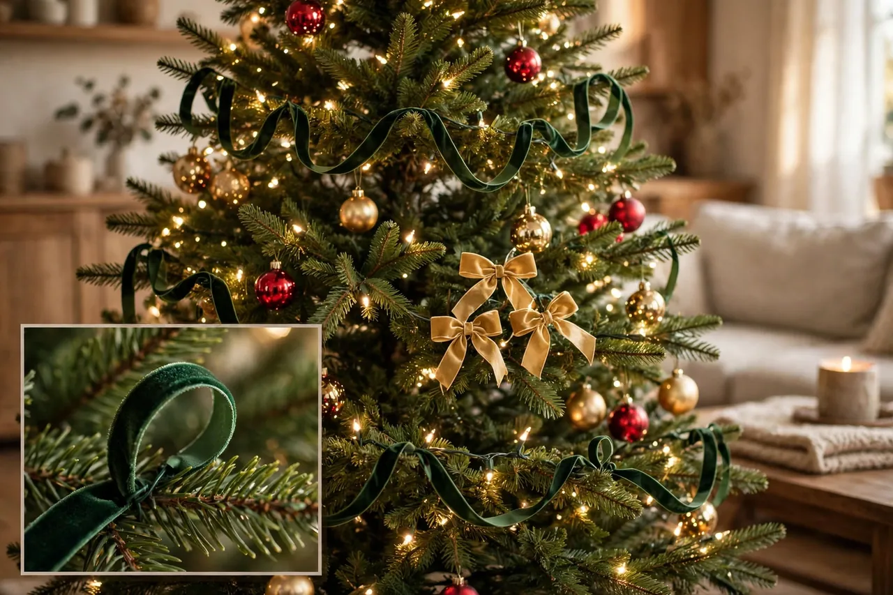 Christmas tree with individual deep-green velvet ribbon loops draped over branches and a cluster of gold bows, with a close-up inset of one loop wired to a branch