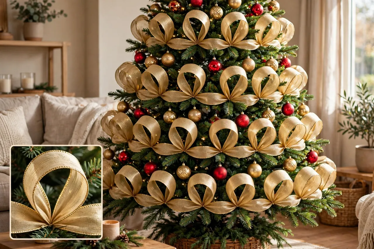 Christmas tree with evenly spaced, fanned-open gold ribbon loops and ornaments clearly visible between them, with a close-up inset of one loop fanned open showing its wired edge