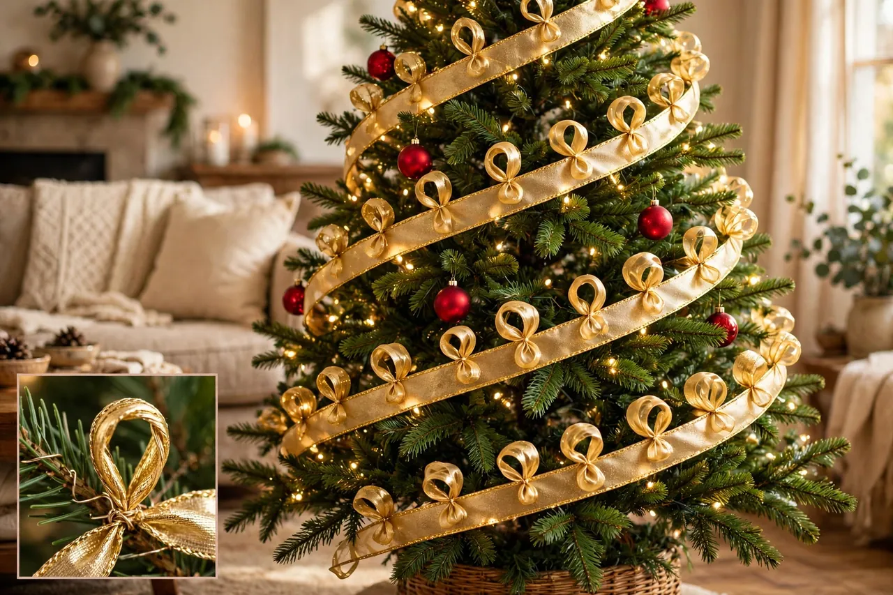 Christmas tree wrapped in a diagonal spiral of gold ribbon with small bow puffs along the spiral, with a close-up inset of one gold bow fastened to a branch