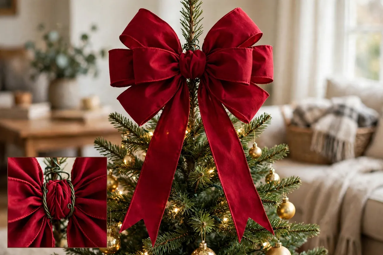 Large fluffed deep-red ribbon topper bow with V-cut tails wired to the top of a Christmas tree, with a close-up inset of the bow center twisted with floral wire