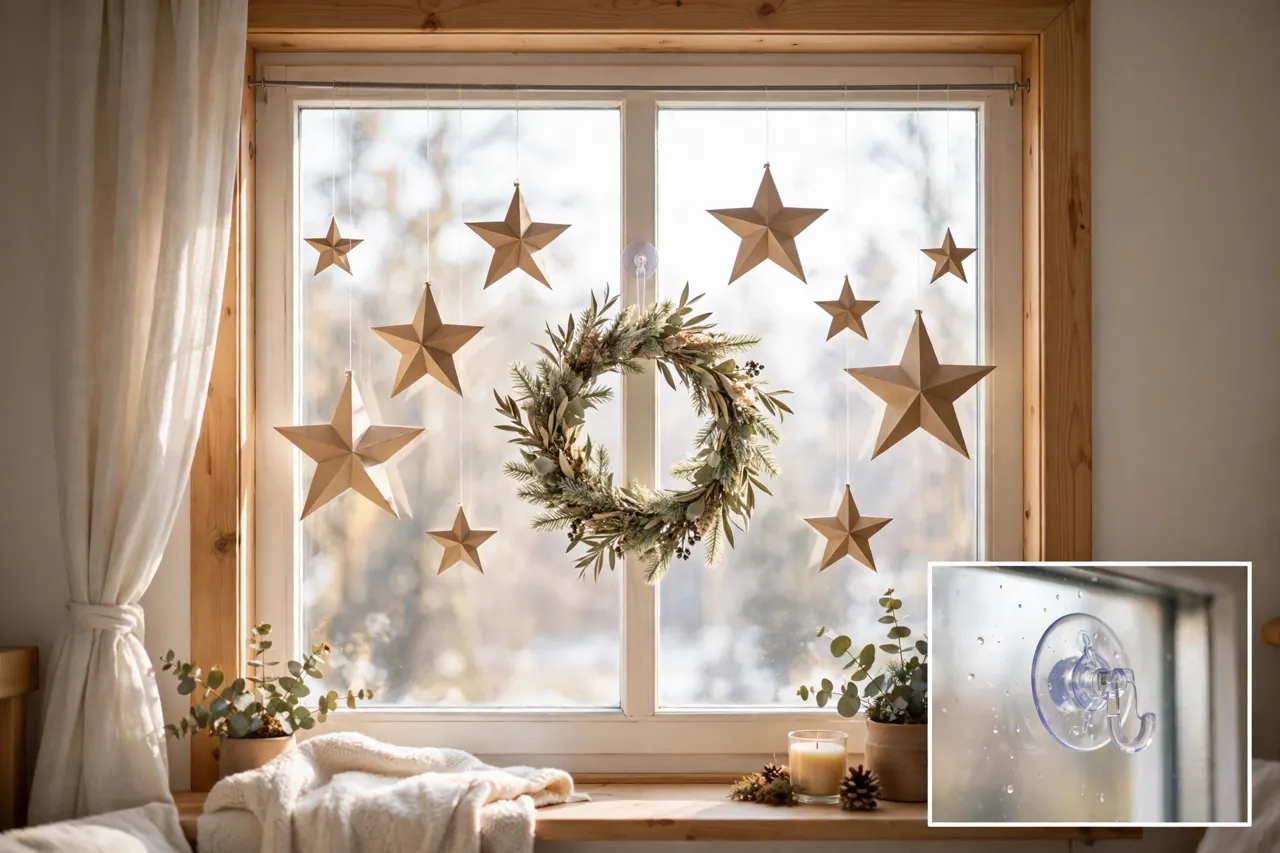 Christmas window with paper stars hanging at different heights and a wreath, all hung without nails, with a close-up inset of a suction hook on clean glass