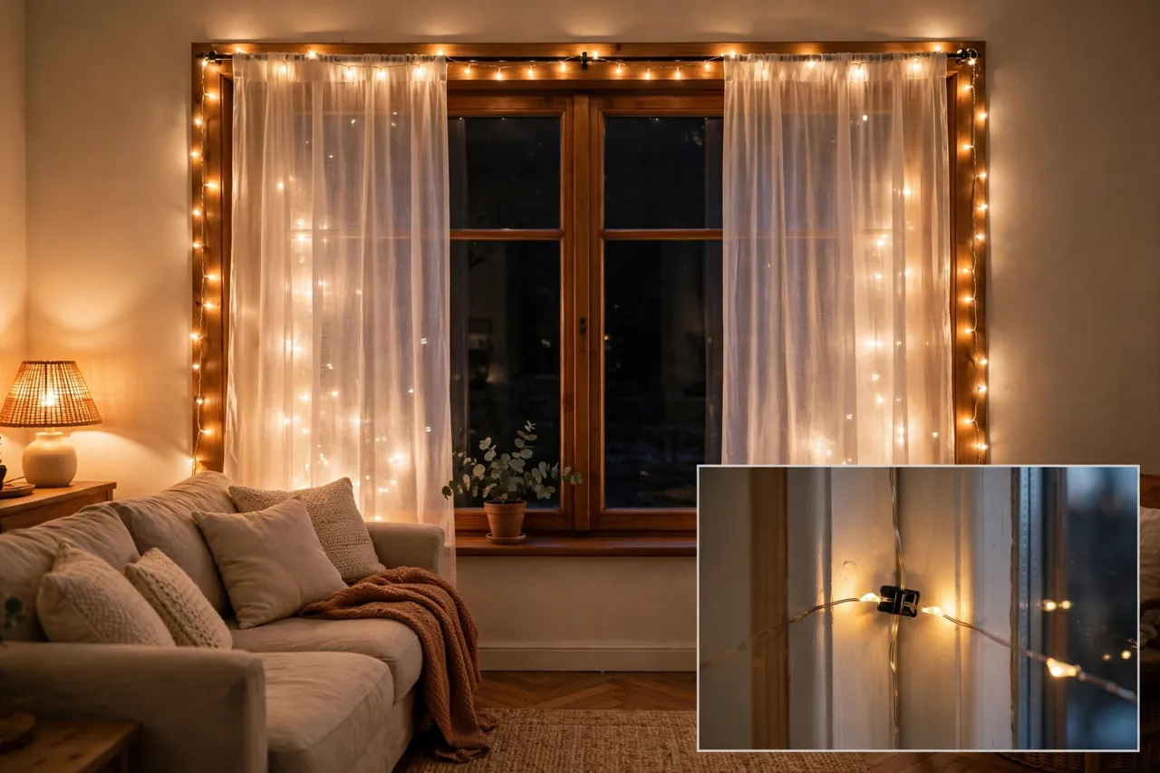 Window glowing with warm-white Christmas lights framed around the panes and shining through sheer curtains, with a close-up inset of the light strand clipped to the trim