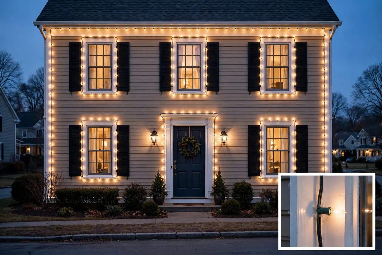 House front at dusk with all front windows glowing evenly with warm Christmas lights, with a close-up inset of a cord routed neatly along the window trim