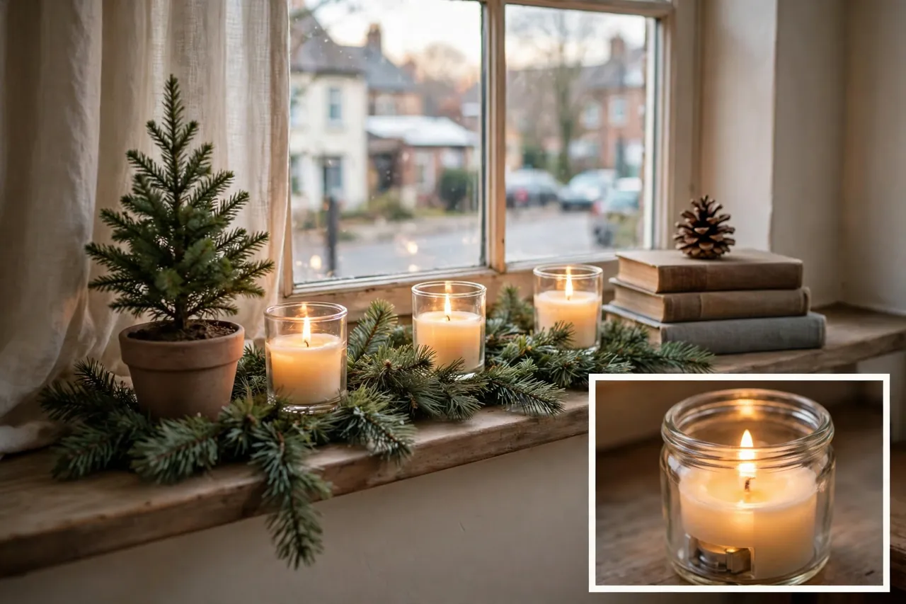 Low Christmas windowsill display with a potted evergreen, battery candles in glass jars, an evergreen runner and books topped with a pinecone, with a close-up inset of a candle glowing in its jar