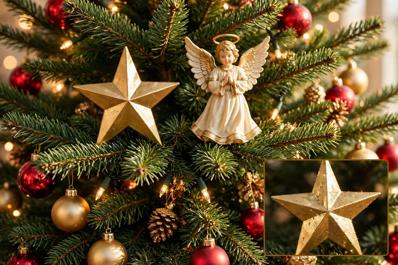 Gold star topper and cream and gold angel topper on green Christmas tree branches with red and gold baubles and warm white lights, with a magnified gold star inset