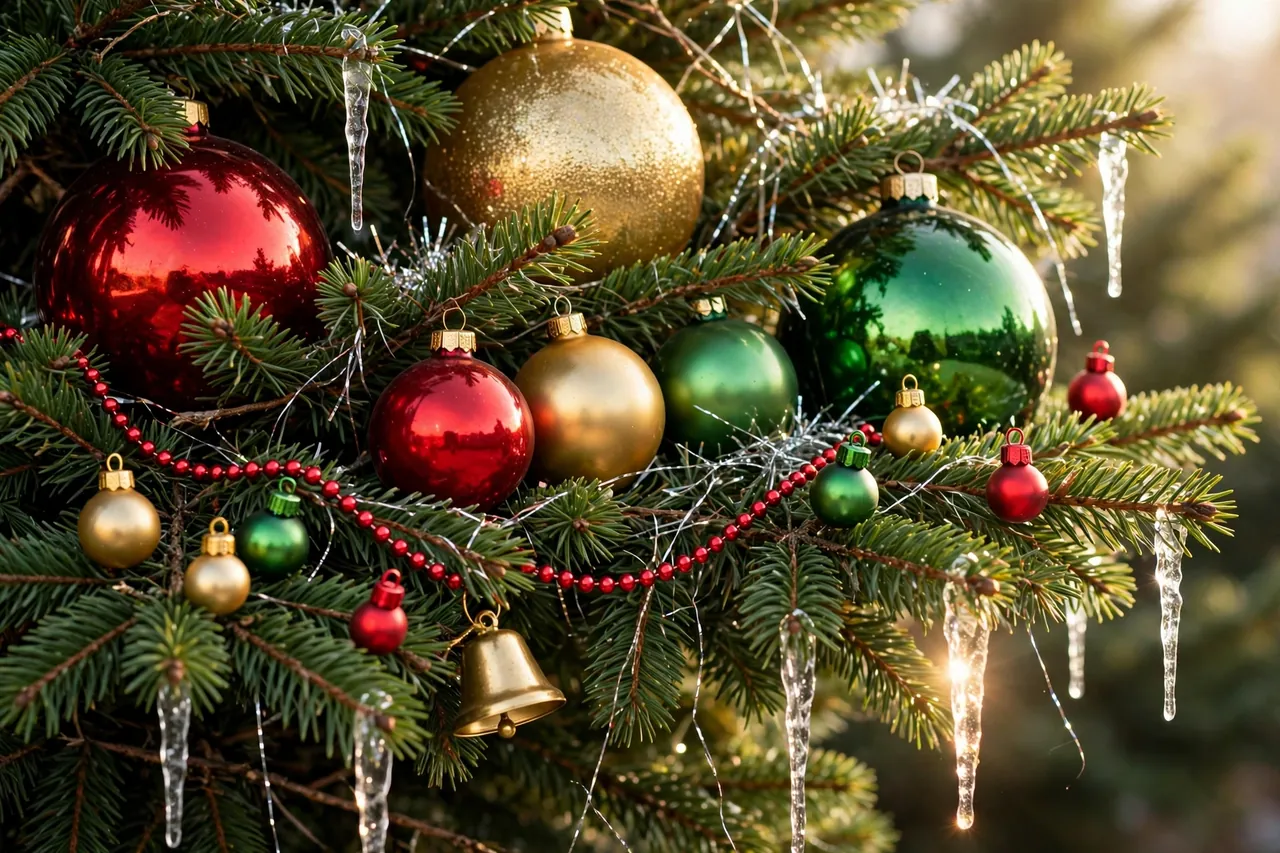 Large, medium and small red, green and gold glass balls on green branches with clear icicles, a gold bell, red beaded garland and a light touch of tinsel