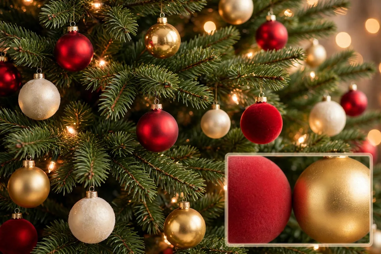 Close-up of green Christmas tree branches with shiny and matte red balls, gold balls and cream ornaments under warm white lights, showing the balanced red, green and gold palette