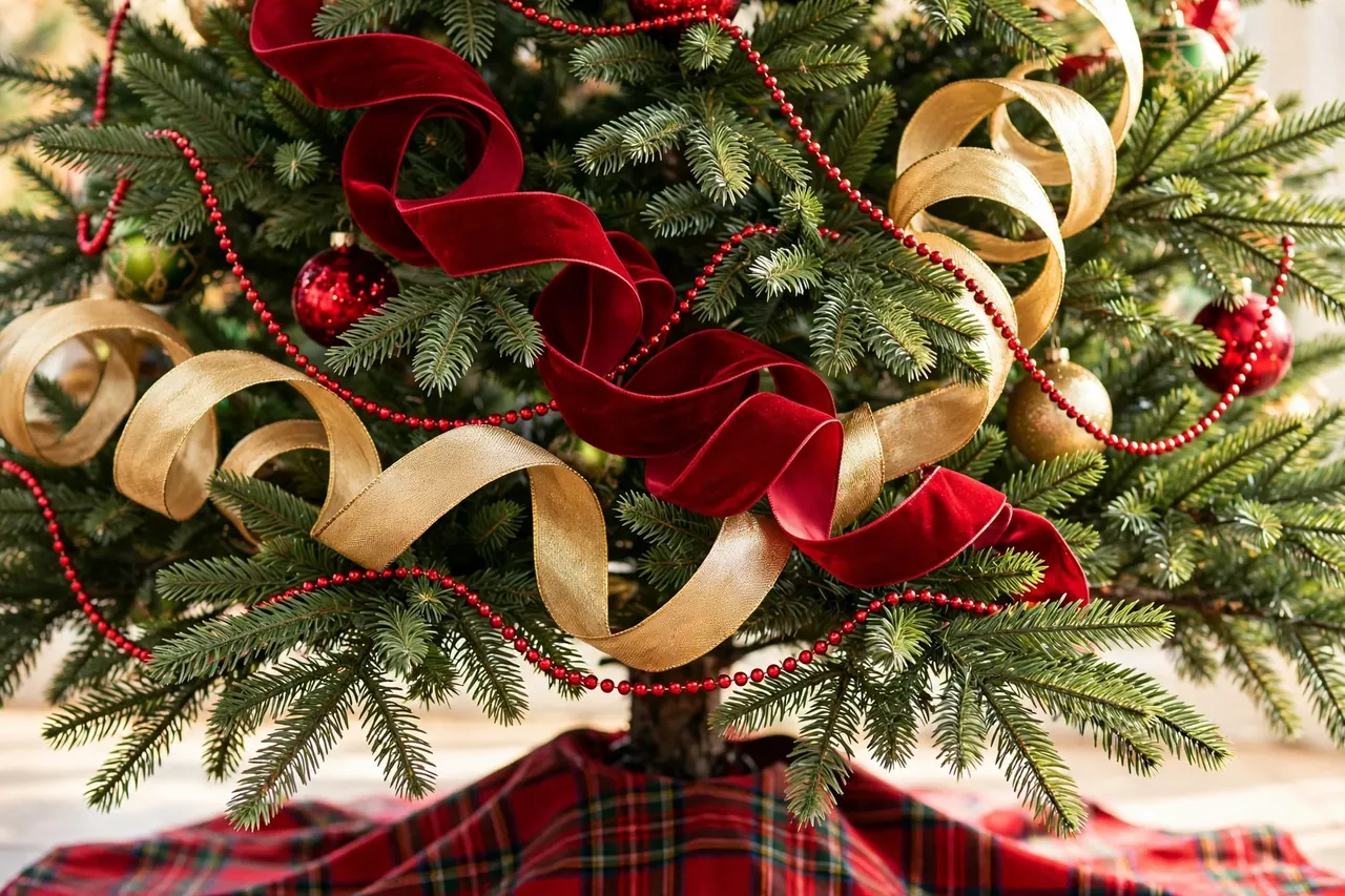 Deep red velvet ribbon and gold ribbon in loose billowing loops with red beaded garland draped over green Christmas tree branches above a red plaid tree skirt