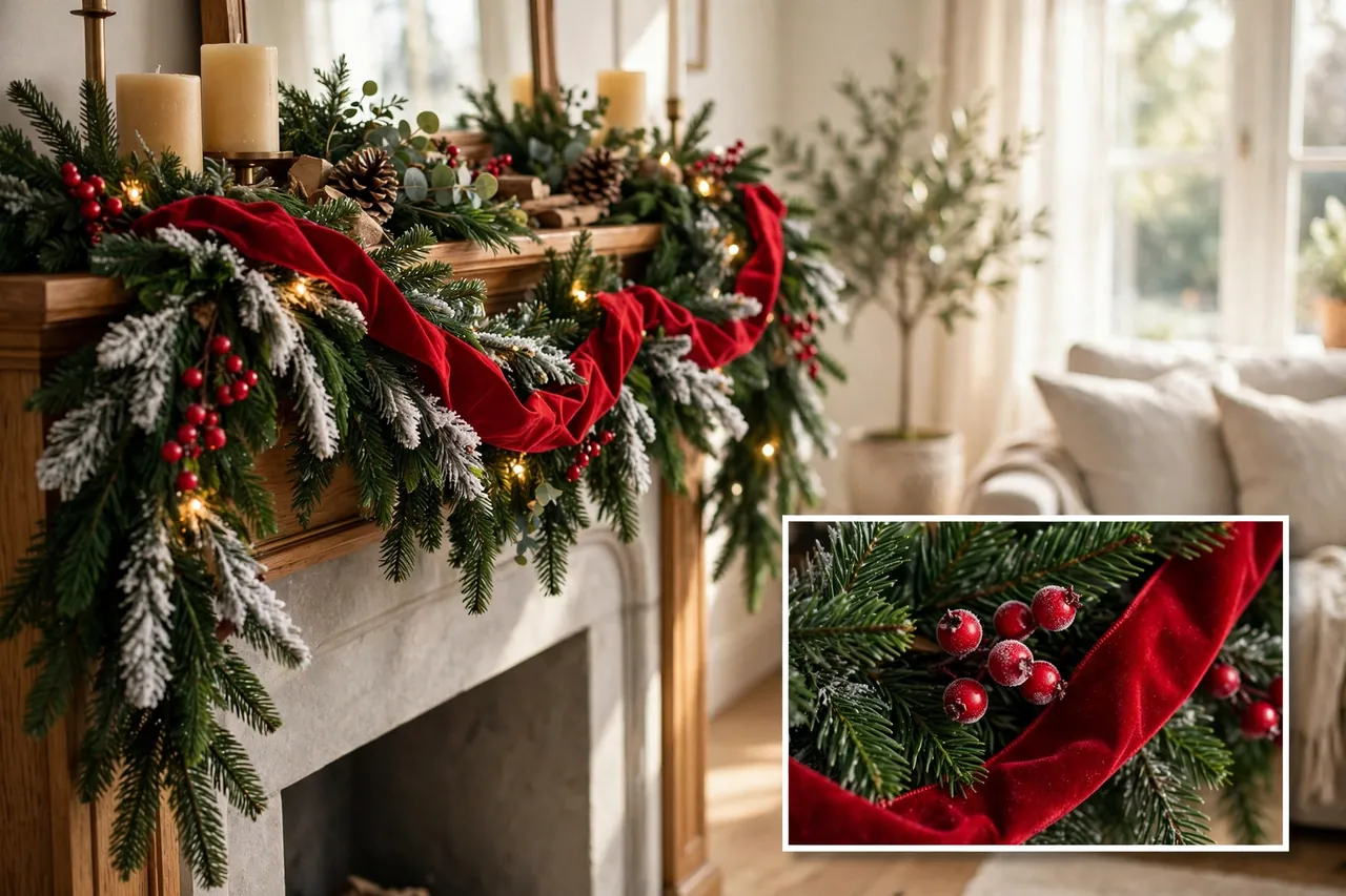 Classic flocked evergreen garland with red berries and wide red velvet ribbon on a mantel, with a close-up inset of frosted berries and velvet ribbon