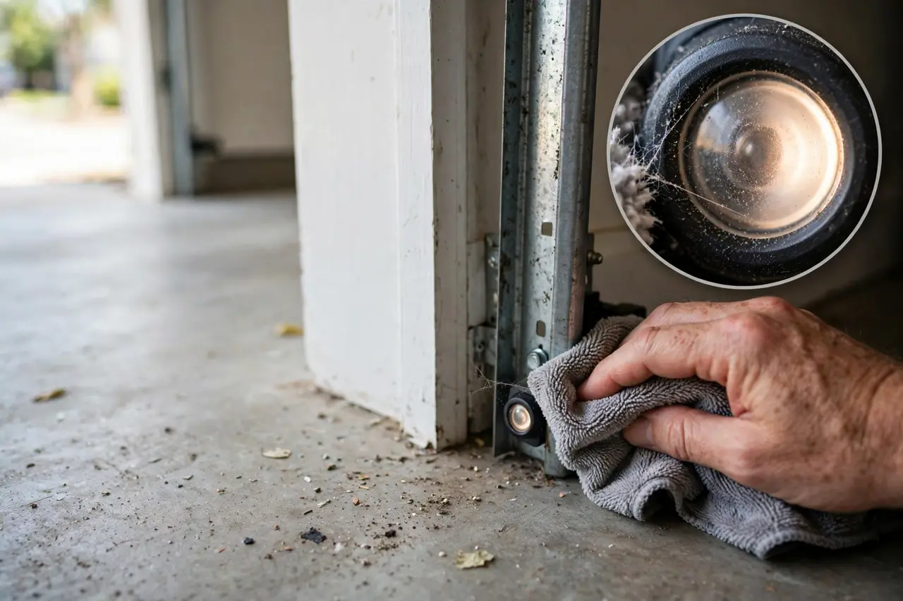 Hand wiping dust and a cobweb off a garage door sensor lens with a microfiber cloth