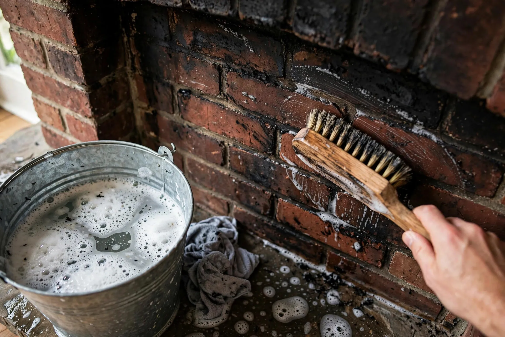 Scrubbing soot off a brick fireplace before applying limewash or whitewash