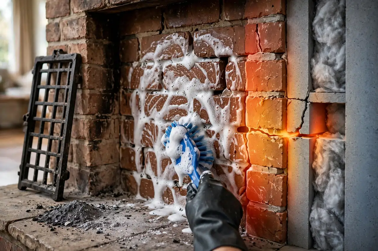 Cleaning inside a brick firebox with a brush while a cutaway shows heat glowing through a cracked mortar joint behind the firebrick
