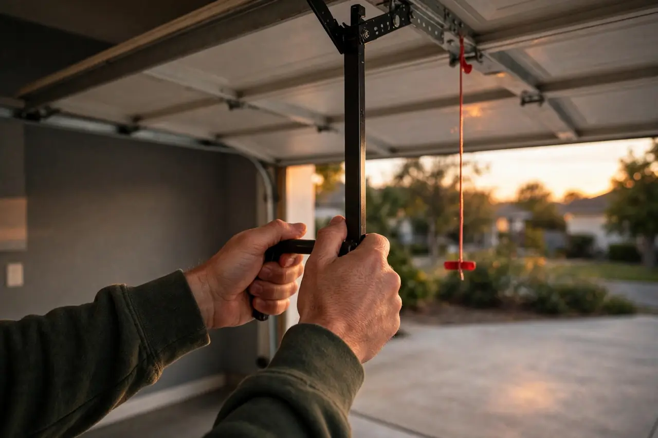 Hands gripping a garage door lift handle and lowering the door slowly, the red release cord highlighted above