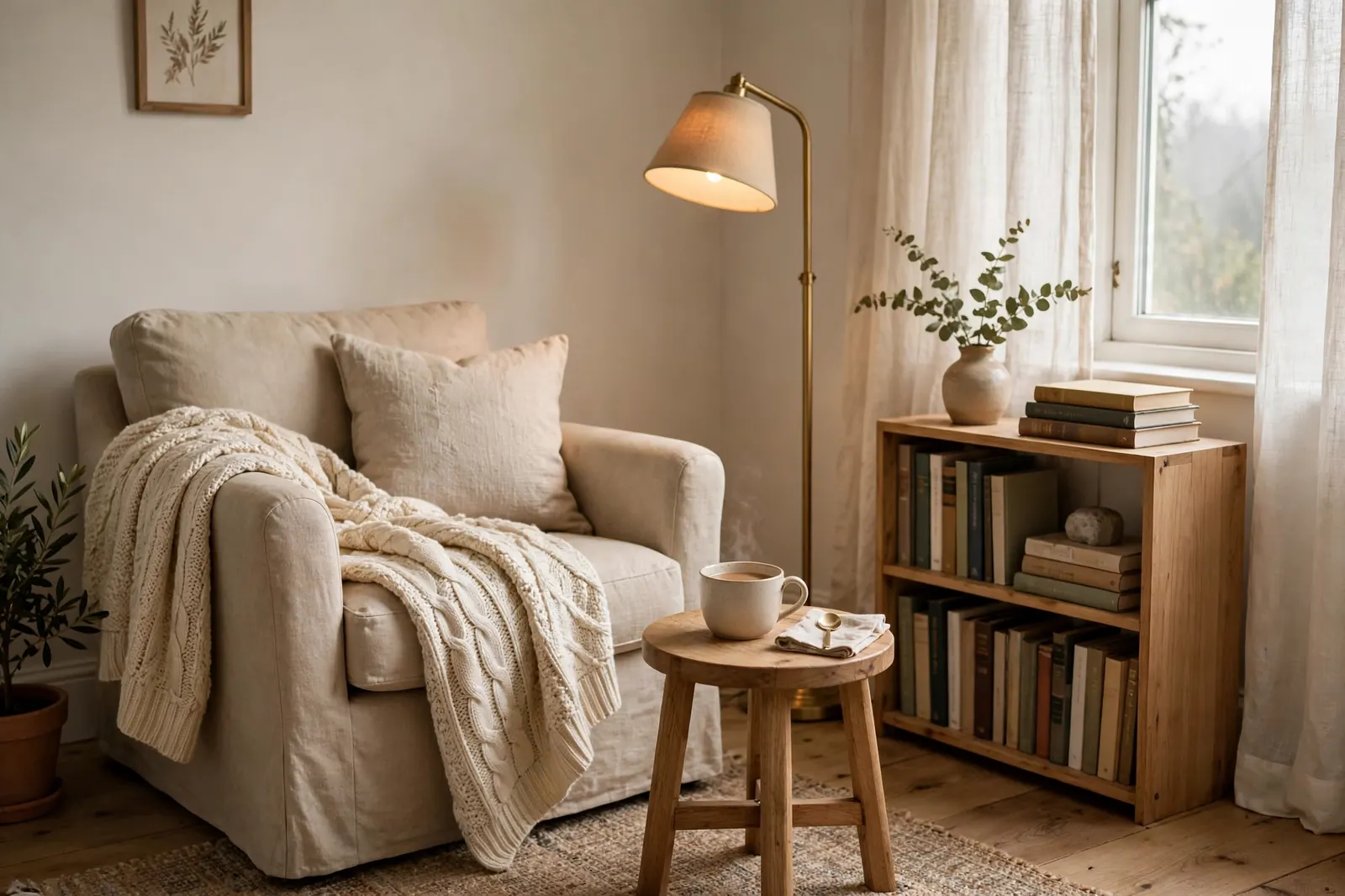 Cozy reading nook with armchair, lamp and books
