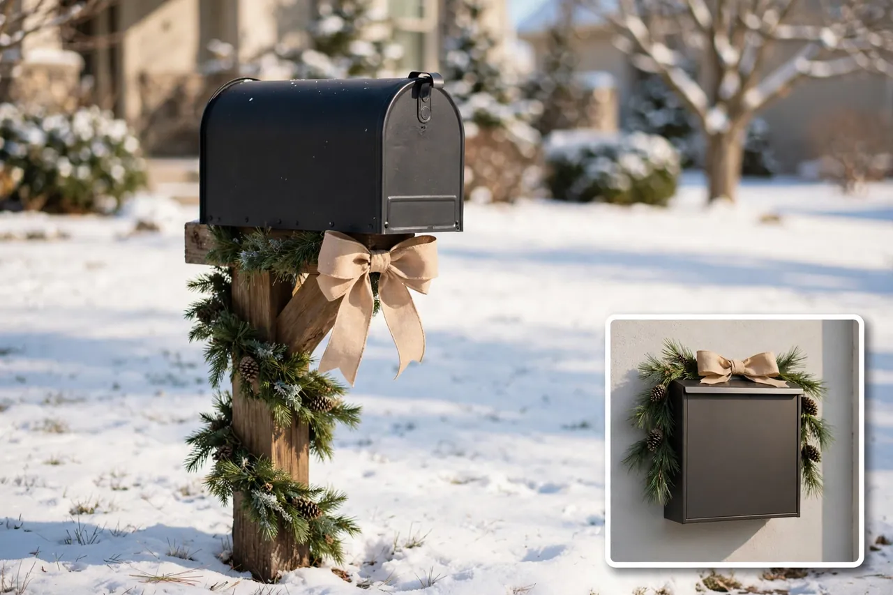 Curbside mailbox on a wooden post wrapped in pine garland with a burlap bow, with an inset of a flat wall-mounted mailbox with a slim garland swag