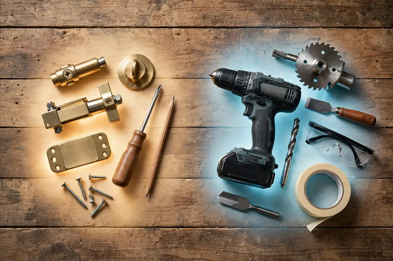 Deadbolt installation tools and kit parts laid out on a workbench, with the screwdriver-only swap tools and the drilling tools grouped separately