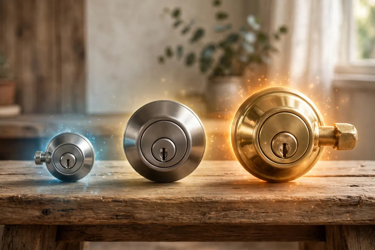Three deadbolts in a row from a small basic model to a heavy brass Grade 1 deadbolt, showing how lock strength grades rise