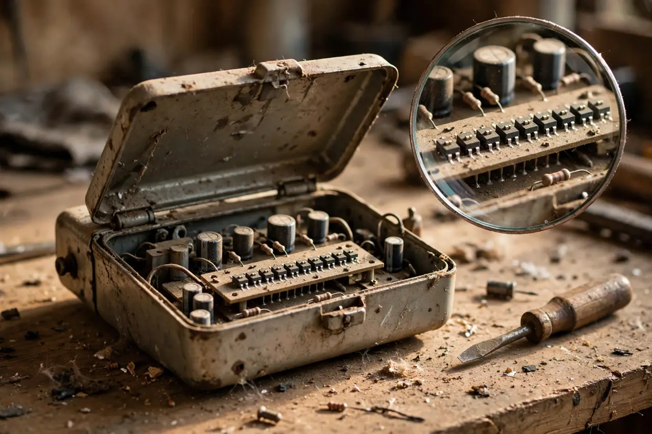 An opened older garage door opener on a workbench with a magnified inset of its row of tiny DIP switches