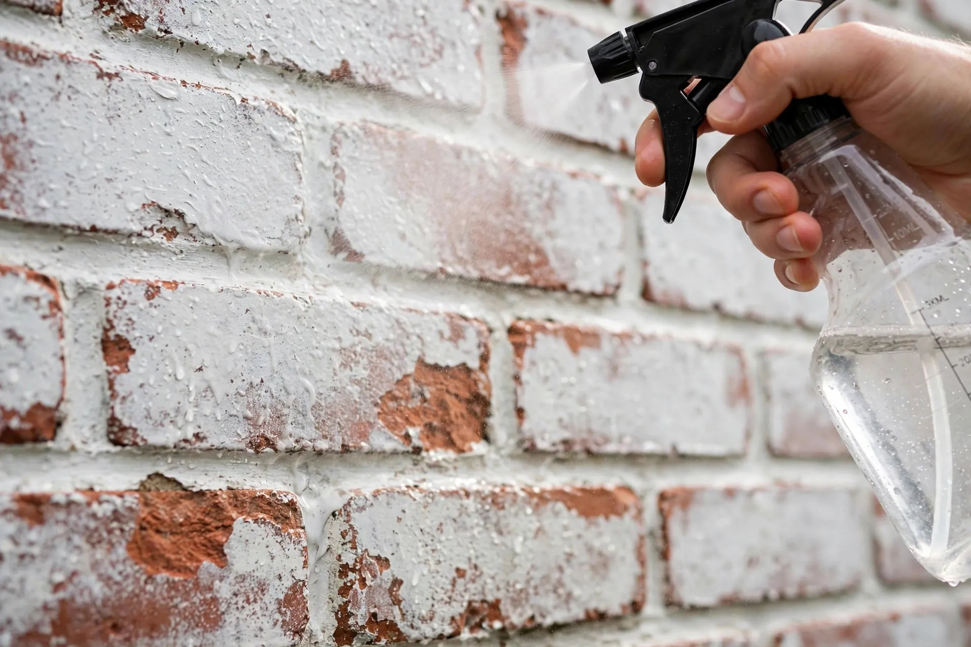 Using a spray bottle to distress a limewash finish on brick