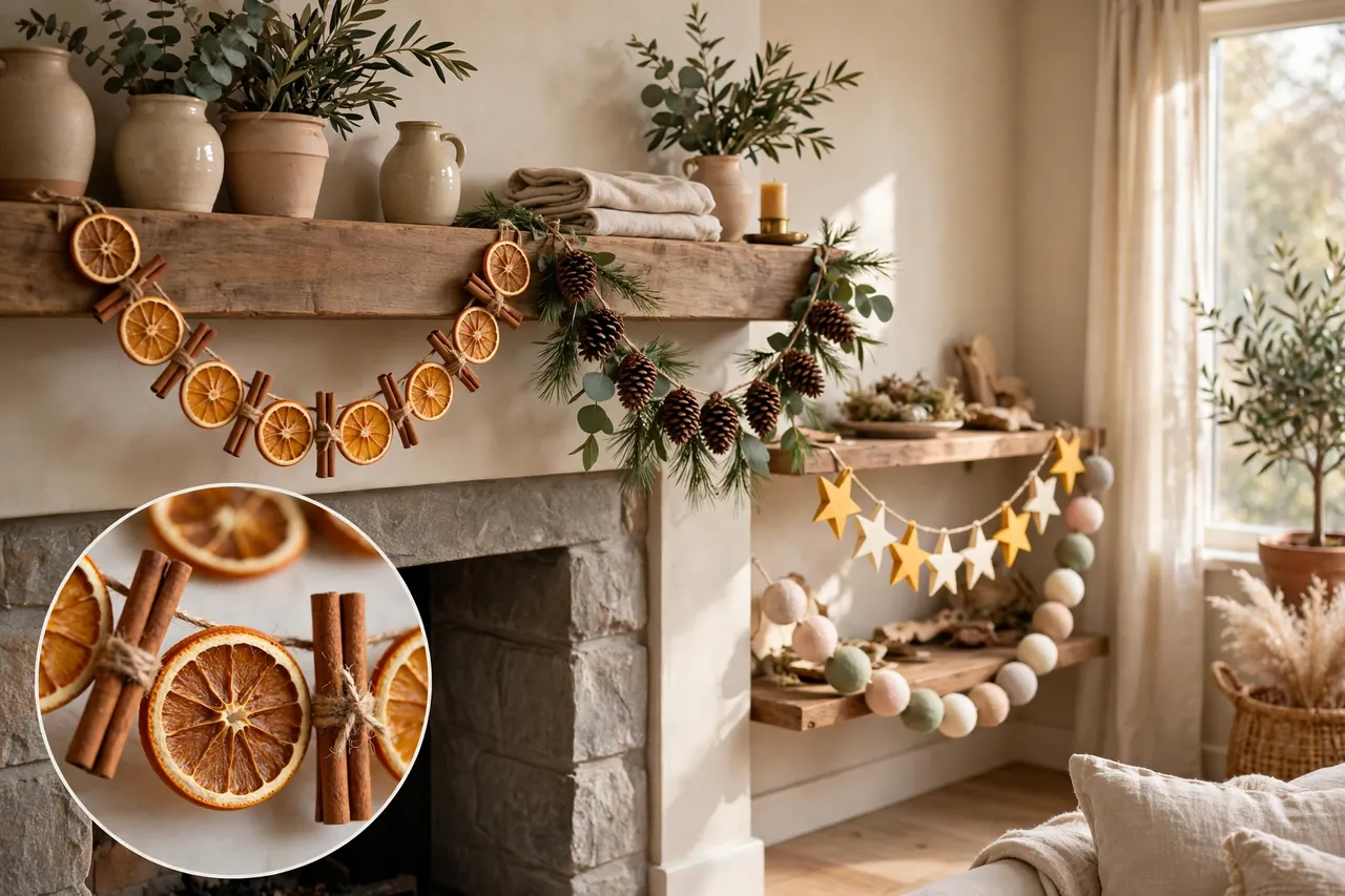Finished homemade garlands on display: dried orange and cinnamon garland, pinecone garland, paper star garland and felt ball garland, with a close-up inset of dried oranges and cinnamon