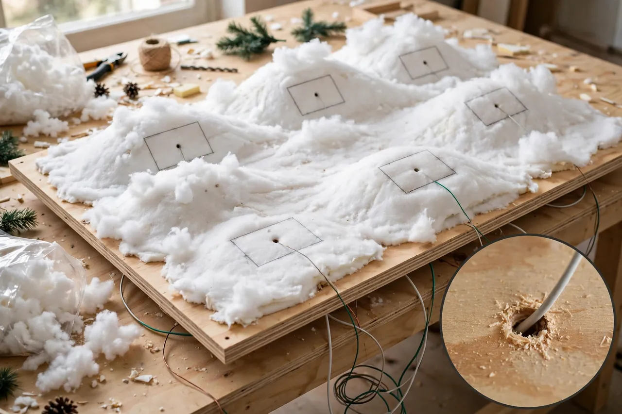 Plywood base for a DIY Christmas village with foam hills under white snow cover, marked house positions with small wire holes, and a magnified inset of a wire passing through a hole in the board