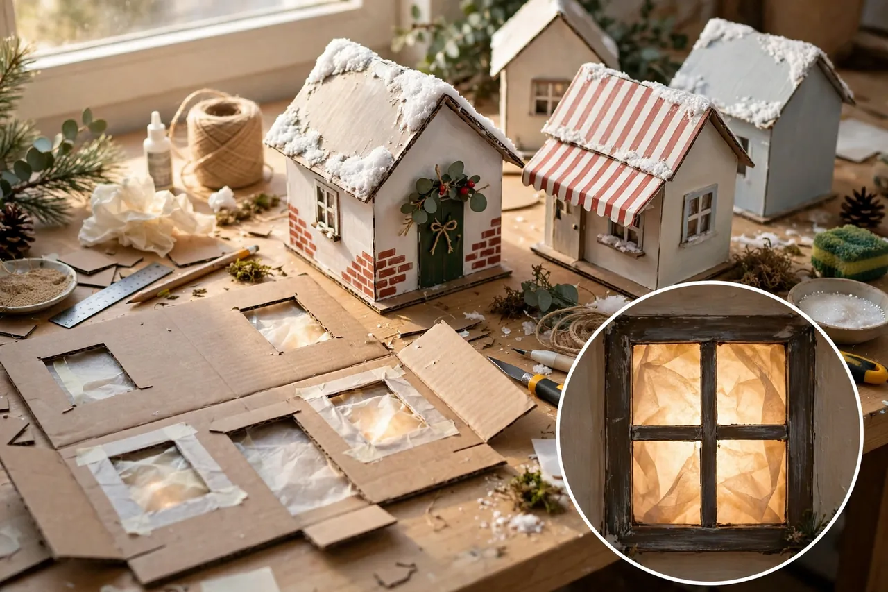 Handmade cardboard Christmas village houses mid-build: flat walls with cut window openings backed in tissue paper, a finished white cottage with green door and brick details, and a bakery cottage with a striped awning, plus a magnified glowing tissue-paper window