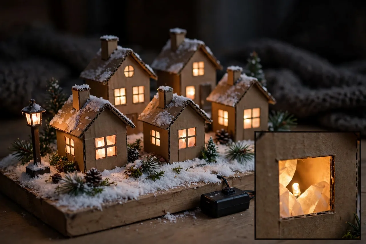 Handmade cardboard Christmas village glowing at dusk with warm white LED lights in every house, a tiny street lamp, and a reachable battery pack at the edge of the base, with a magnified inset of a tiny LED glowing inside a house
