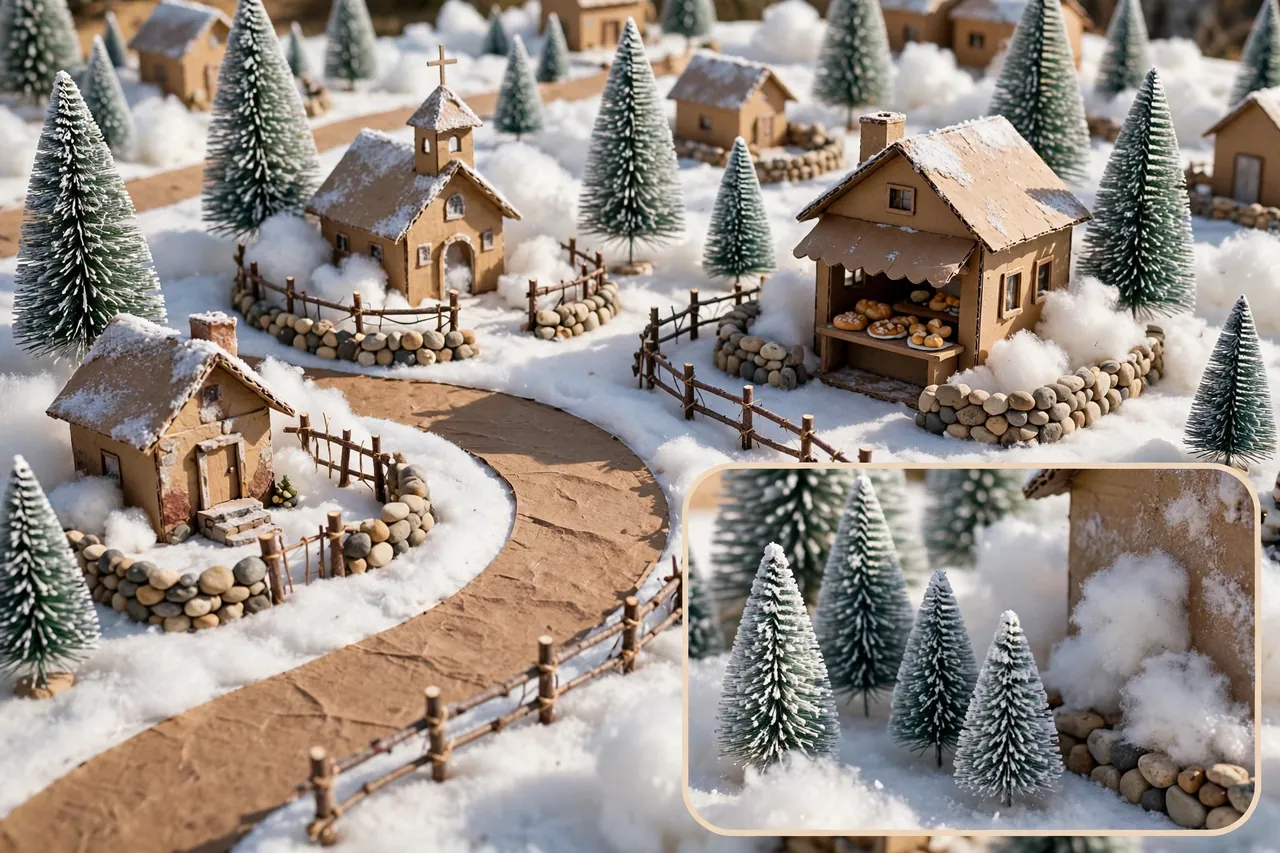 Finished handmade Christmas village with white felt snow, a curving brown craft-paper road, frost-dusted bottle-brush trees, pebble stone walls, twig fences, a tiny church and a bakery cottage, with a magnified inset of frosted trees and a snow drift