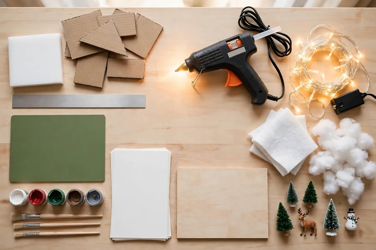 Flat lay of DIY Christmas village supplies on a wooden table: cardboard pieces, foam board, blank straightedge, cutting mat, hot glue gun, paint pots, white cardstock, LED fairy lights, felt and cotton snow, plywood base, mini trees and figurines