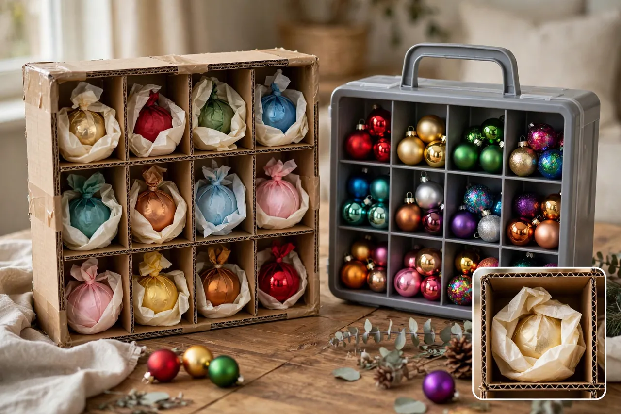 DIY cardboard grid ornament box beside a ready-made divided ornament storage case, both filled with colourful baubles